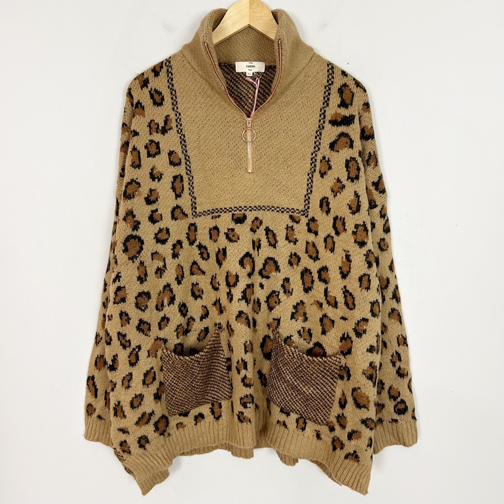 NEW Entro Quarter Zip Sweater Tan Leopard Print Knit Pullover Size XL Women's